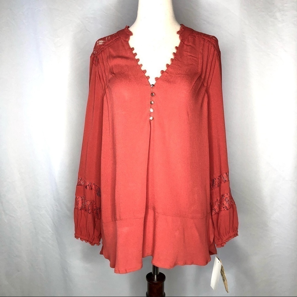 NWT Democracy crepe and lace blouse terra cotta M